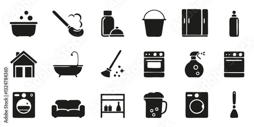 Household And Cleaning Essentials Solid Icon Set. Home Maintenance, Cleaning Supplies, And Kitchen Appliances Silhouette Symbol Collection. Domestic Chores And Organization Tools. Isolated Vector Illu