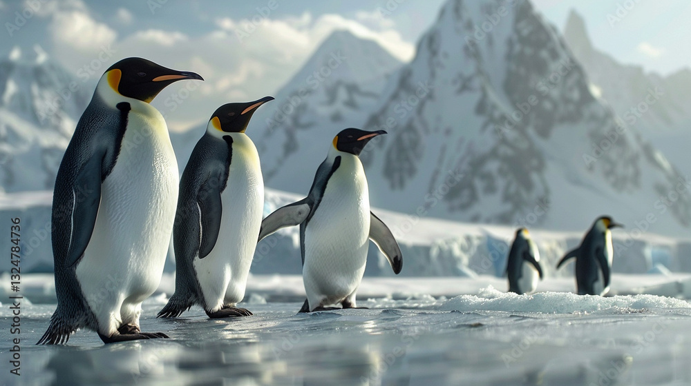 Fototapeta premium Group of penguins waddling along an icy coastline, black and white feathers, Antarctic wildlife, frozen landscape