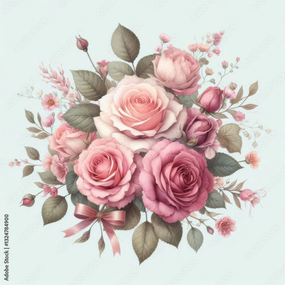 Fototapeta premium Elegant bouquet featuring roses in pink, peach, and cream shades, adorned with blue and pink flowers, creating a harmonious and vibrant floral display