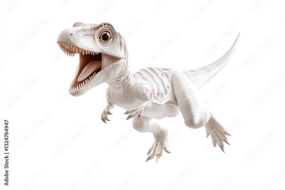 Fototapeta premium A playful, white baby dinosaur leaps across a white background. Its mouth is open, revealing tiny teeth, and its expression is one of joyful energy.