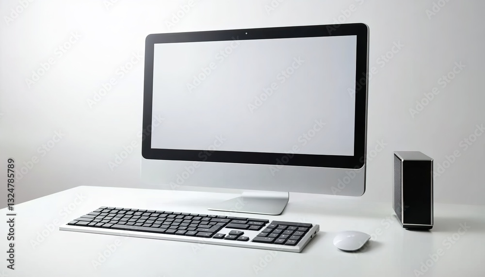 A sleek desktop computer with an empty screen, keyboard, and mouse on the white desk, against a plain background. A sleek desktop computer with an empty screen, keyboard, and mouse on the white desk, against a plain background.