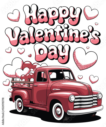 Red vintage car with heart and flowers, a classic retro transport design