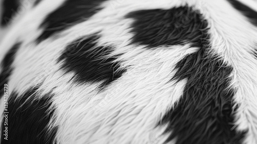 Close-up of cowhide fur, black and white spotted pattern, thick soft hair texture, farm animal skin