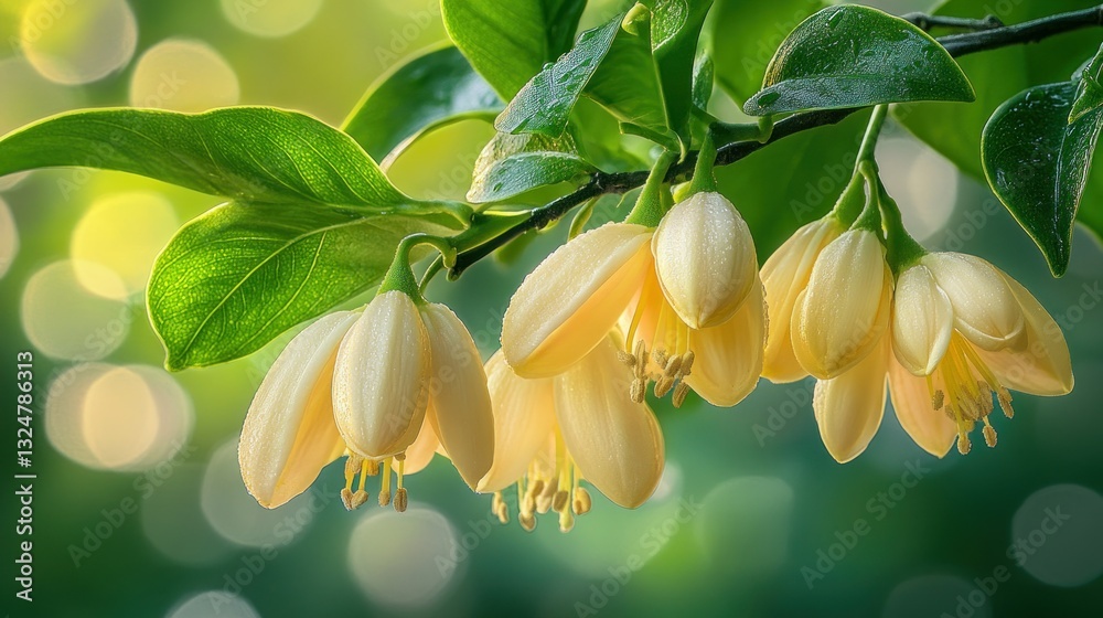 Fototapeta premium Delicate pale yellow flowers on branch, bathed in sunlight
