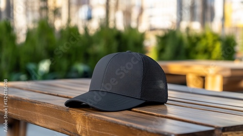 Black Baseball Cap on Wooden Table