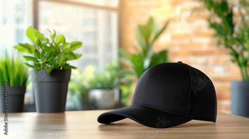 Black Baseball Cap on Wooden Table