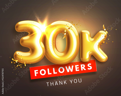 30000 followers celebration banner. Thank you 30k follower peoples. Glossy golden 3d numbers in realistic style on black background. Design for channel, group in social network. Vector illustration