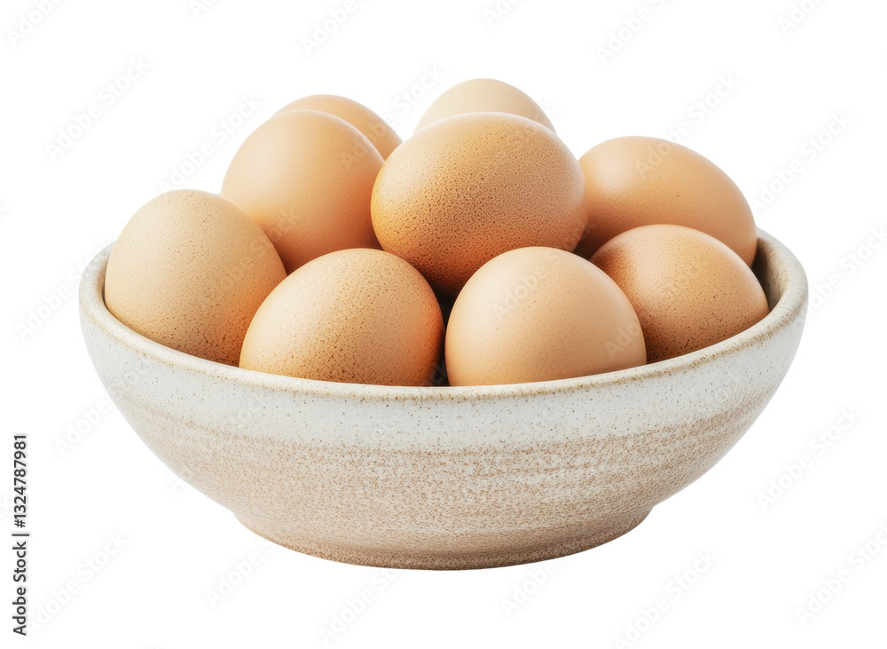 Bowl of fresh brown eggs arranged in rustic ceramic dishware, cut out Bowl of fresh brown eggs arranged in rustic ceramic dishware, cut out