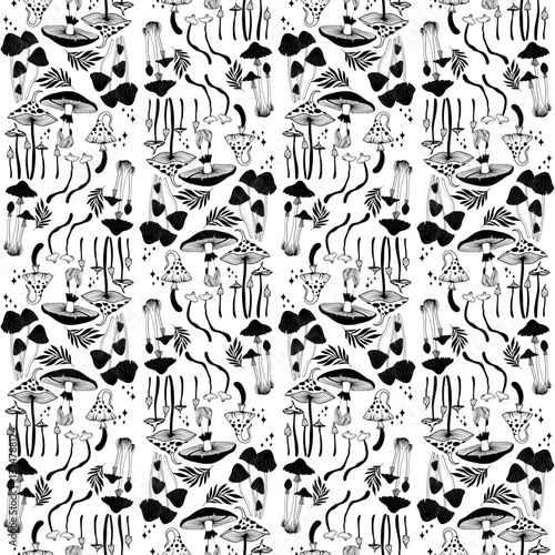 Intricate black and white patterns of mushrooms and plants on textured background