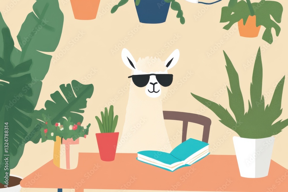 Fototapeta premium Cool llama wearing sunglasses reading a book in a cozy plant-filled space