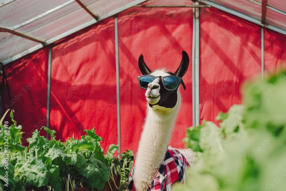 Obraz premium llama cultivates fresh vegetables in urban greenhouse