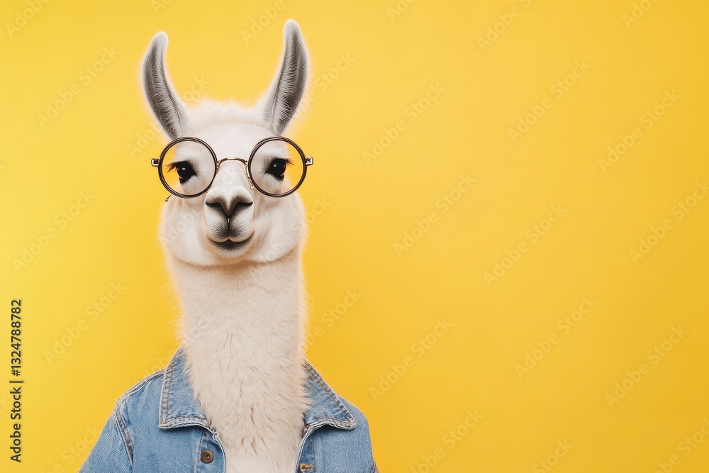 Fototapeta premium Stylish llama with glasses poses against a bright yellow background