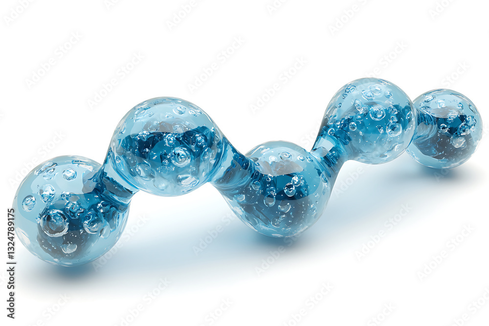Blue glass beads connected in a row featuring trapped air bubbles laying on a white surface with soft shadows. Blue glass beads connected in a row featuring trapped air bubbles laying on a white surface with soft shadows.