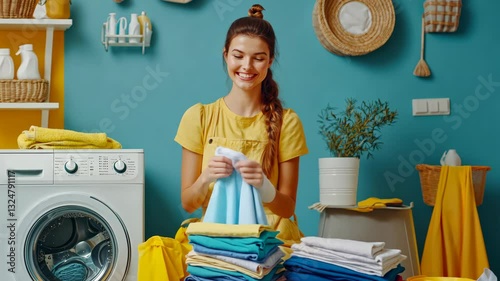Smiling woman folding laundry in bright home interior laundry room