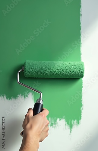 Hand painting wall with paint roller in green color. Home improvement, renovation concept. Construction equipment tool for interior design. Decorating room, apartment. New house painting service with