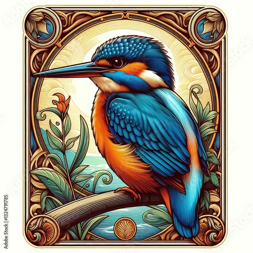 Vibrant kingfisher bird illustration within an elaborate ornamental frame border