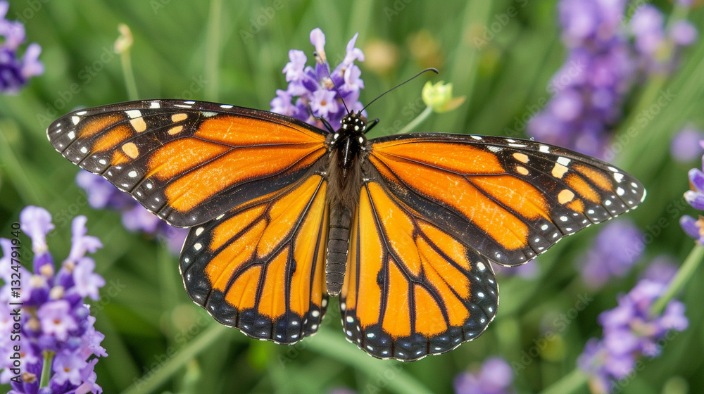 Fototapeta premium Macro shot of a vibrant monarch butterfly resting on a leaf, bright orange wings, delicate insect details