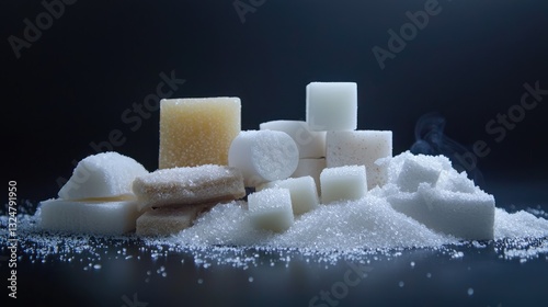 Pile of white and brown sugar cubes and granules