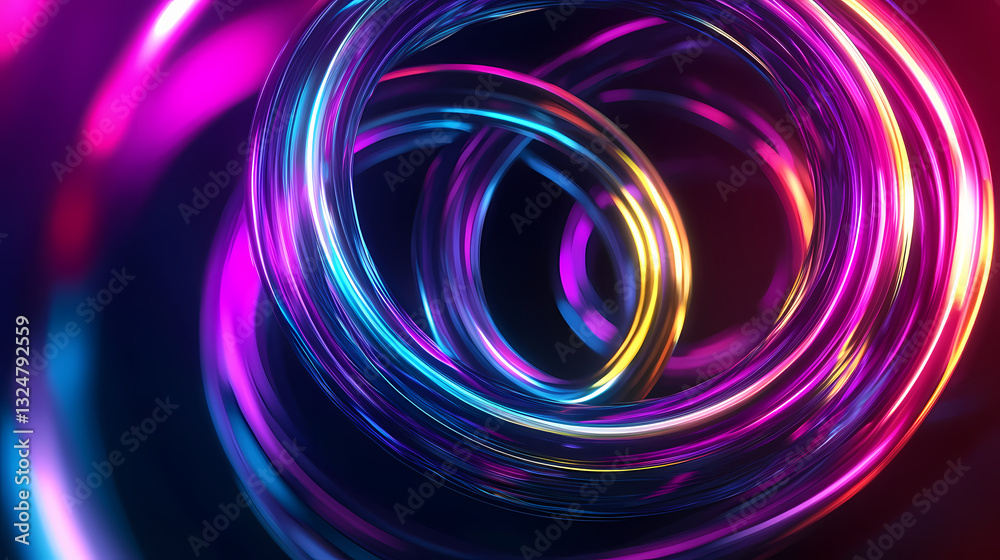Abstract futuristic background with glowing rings in neon colors creating a dynamic visual effect, perfect for technology and modern design concepts. Ambient Fluorescence. Illustration