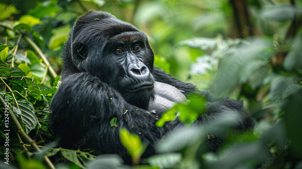 Obraz premium Mountain gorilla sitting in lush green rainforest, deep thoughtful expression, endangered wildlife