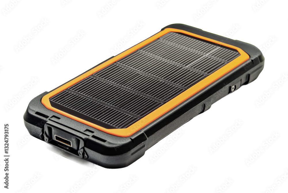 Portable solar power bank with orange trim for charging devices, cut out Portable solar power bank with orange trim for charging devices, cut out