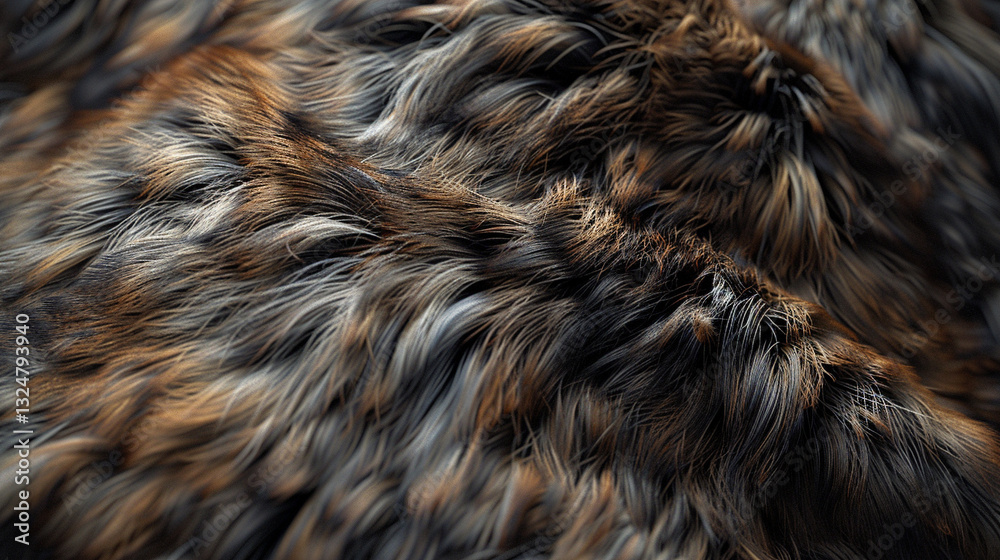 Flat lay of thick wolf fur, layered natural strands, high-resolution animal texture Flat lay of thick wolf fur, layered natural strands, high-resolution animal texture