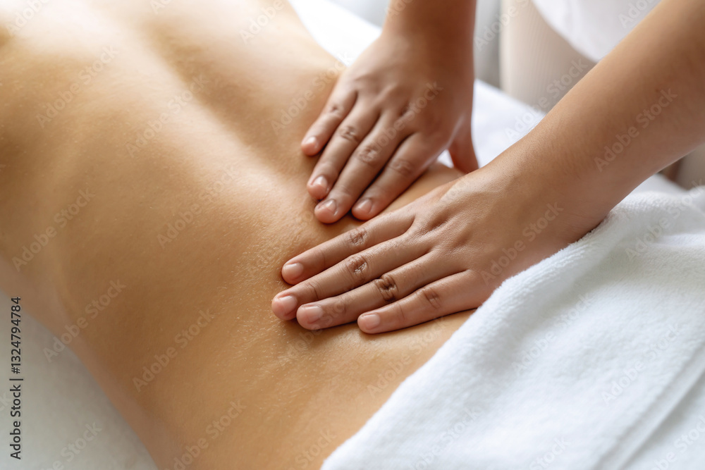 Closeup woman customer enjoying relaxing anti-stress spa massage and pampering with beauty skin recreation leisure in day light ambient salon spa at luxury resort or hotel. Quiescent Closeup woman customer enjoying relaxing anti-stress spa massage and pampering with beauty skin recreation leisure in day light ambient salon spa at luxury resort or hotel. Quiescent