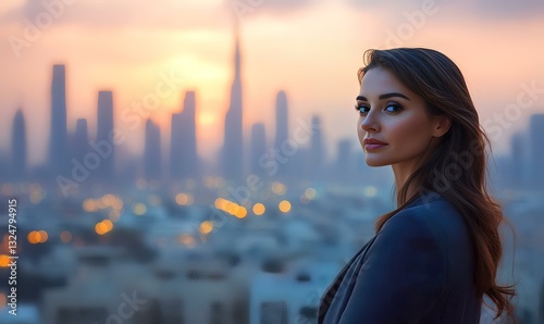 Woman gazing at sunset Dubai skyline,  business professional, cityscape backdrop,  inspiration,  photographic use
