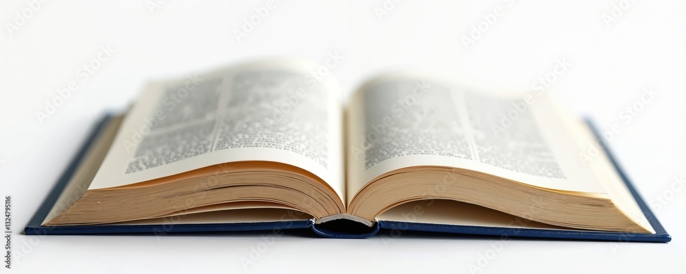 Open blue book with yellow pages on white background. Blank pages with text rows. Symbol of knowledge, source of information, literature, reading. Open novel, textbook, publication for education, Open blue book with yellow pages on white background. Blank pages with text rows. Symbol of knowledge, source of information, literature, reading. Open novel, textbook, publication for education,