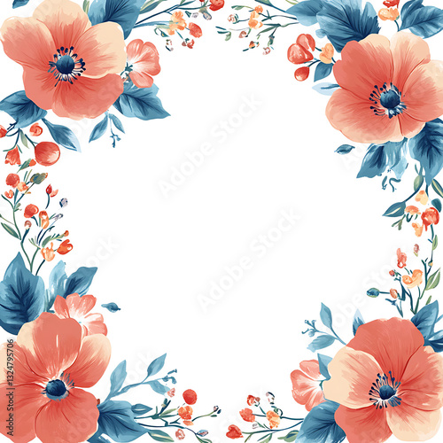 Floral Border Design with Poppies and Teal Leaves