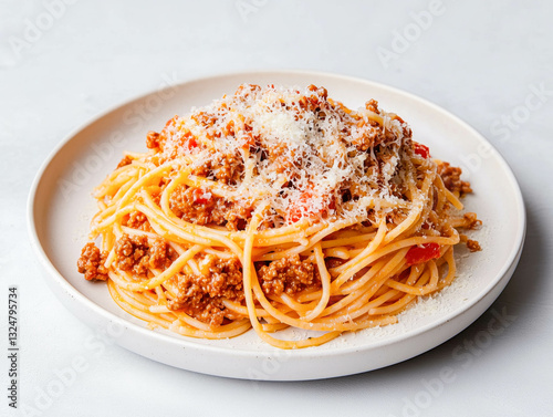 Spaghetti bolognese on white plate with grated cheese garnish