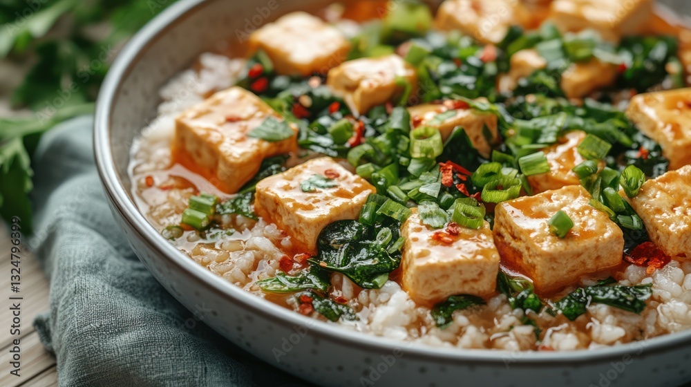 Savory Tofu with Rice and Greens in Bowl Savory Tofu with Rice and Greens in Bowl
