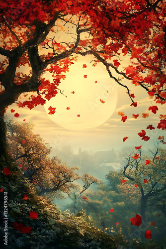 Autumnal Landscape with Red-Leafed Tree and Full Moon