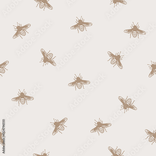 Seamless pattern with hand-drawn bees in a scattered arrangement on a light background