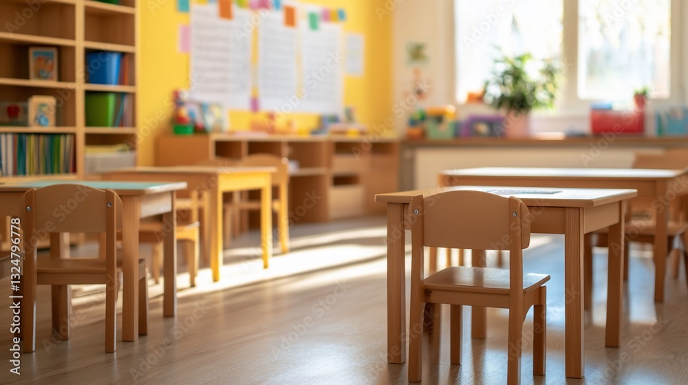 Fototapeta premium Bright Classroom with Wooden Tables and Chairs