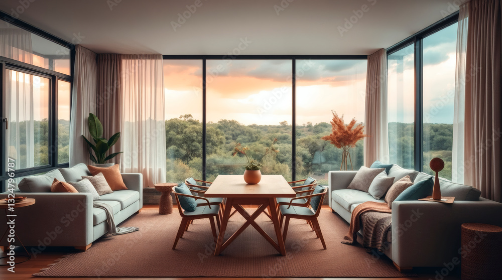 Fototapeta premium Modern Living Room with Sunset View