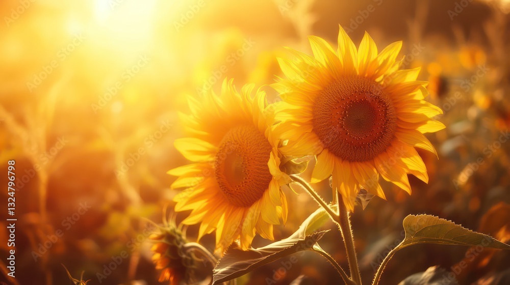 Fototapeta premium Two vibrant yellow sunflowers basking in the golden sunlight of nature