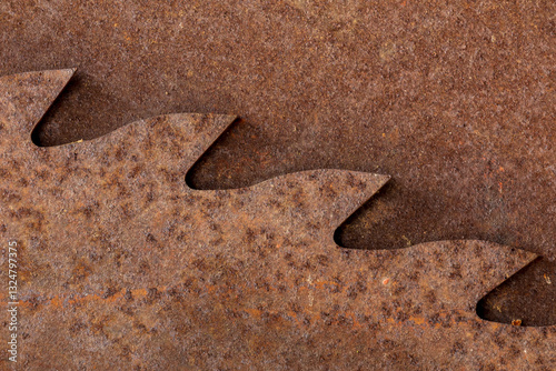 Close-up of rusted bandsaw teeth against a corroded metal background. The jagged, weathered edges contrast with the textured, oxidized surface, creating an industrial and rugged look