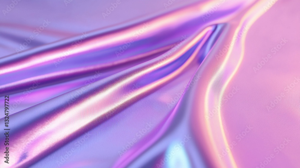 Obraz premium A vibrant, iridescent fabric flows in soft curves, blending shades of purple and pink, creating a visually striking and dynamic texture.