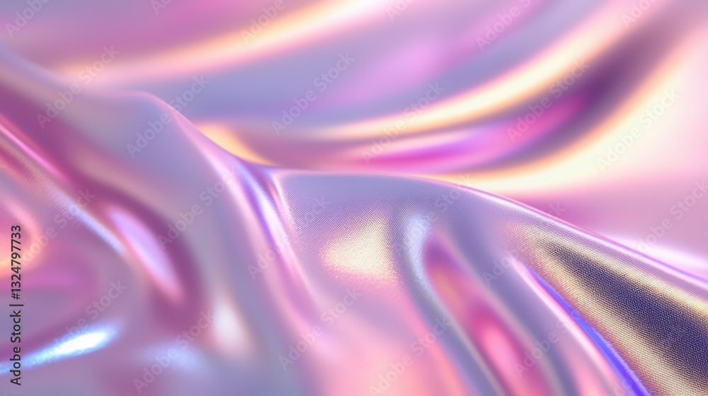 Fototapeta premium A close-up view of shimmering, iridescent fabric displaying a blend of pastel colors and smooth waves.