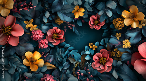 Stylized Floral Arrangement with Red, Orange, and Yellow Flowers and Teal Foliage