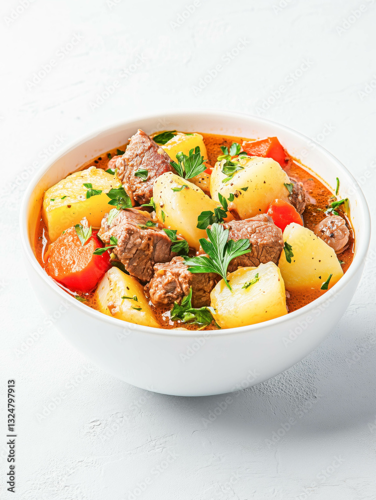 Hearty beef stew with potatoes and vegetables in white bowl Hearty beef stew with potatoes and vegetables in white bowl