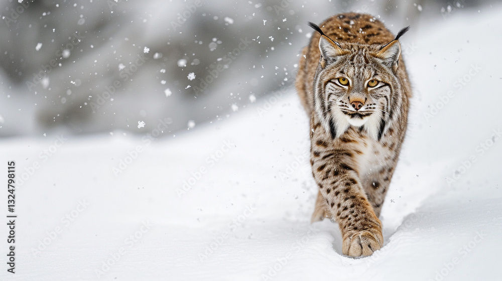 Obraz premium Wild Eurasian lynx walking through deep snow, thick winter coat, majestic feline movement