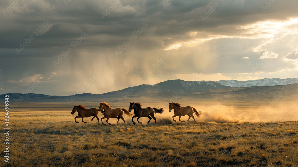Fototapeta premium Wild mustangs galloping across an open prairie, wind-swept manes, untamed freedom