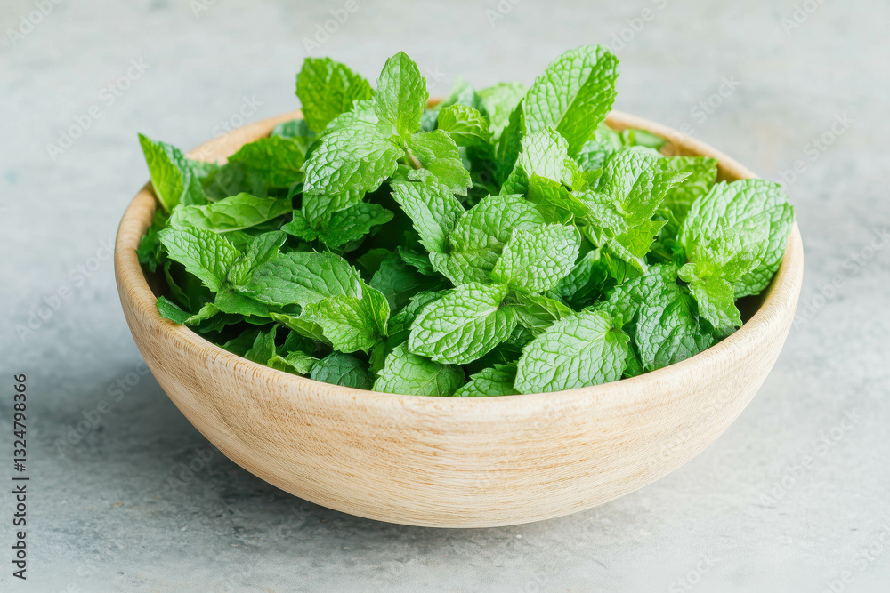 Wooden bowl filled with fresh green mint leaves on gray surface Wooden bowl filled with fresh green mint leaves on gray surface