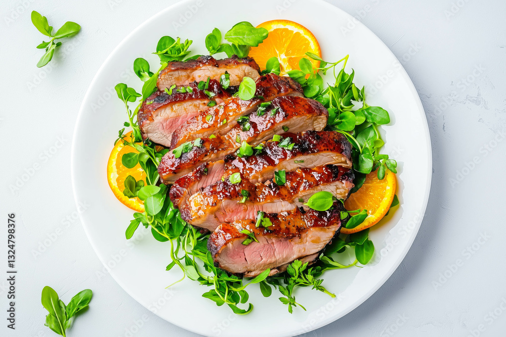 Roasted duck breast with orange glaze and fresh greens on white plate Roasted duck breast with orange glaze and fresh greens on white plate