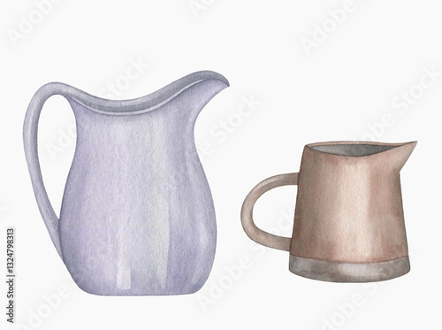 Watercolor vintage Ceramic Blue Jugs isolated on a white background
