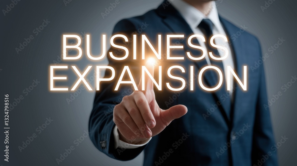 A businessman touching a virtual Business Expansion button, businessman touching business expansion button.