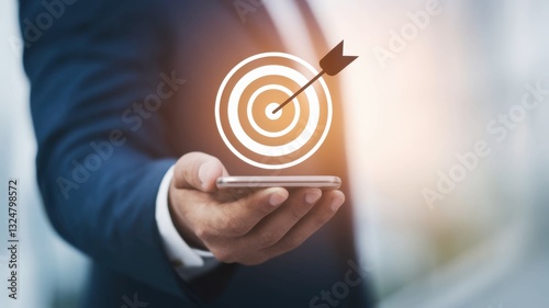 Businessman holding smartphone with target icon, representing business achievement and goals.