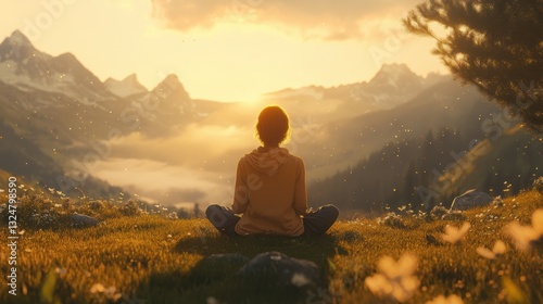 A serene individual meditates amidst lush mountains at sunset, embracing tranquility and nature's beauty.